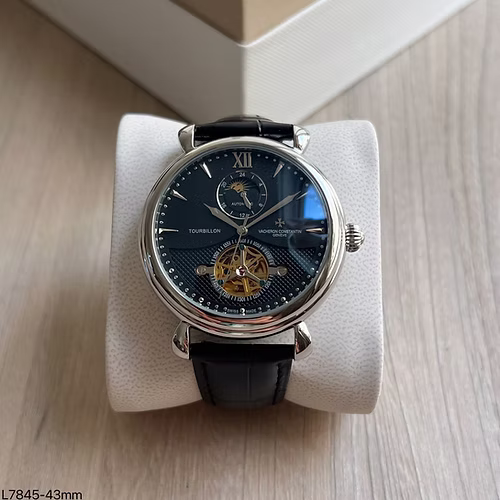 VACHERON CONSTANTIN AUTOMÁTICO PRATA PRETO COURO  45M 1
