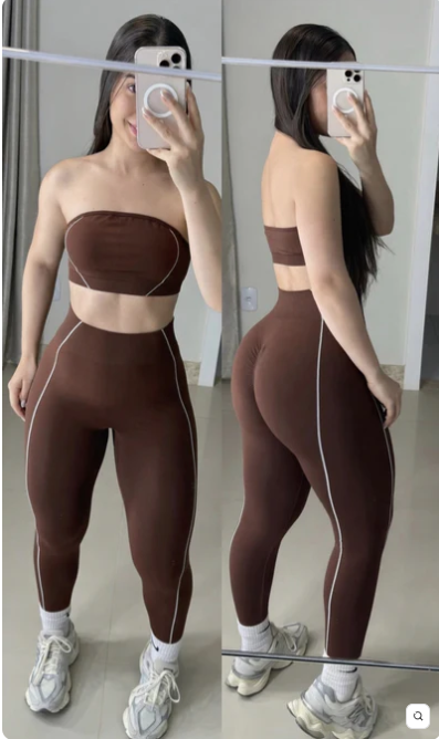 Conjunto de legging empina bumbum sem costura marrom top faixa 1
