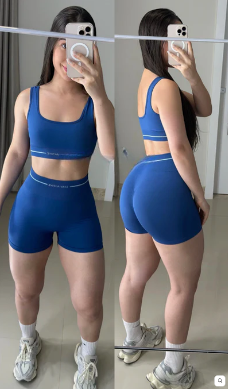 Conjunto de short empina bumbum sem coagida azul com detalhes  1