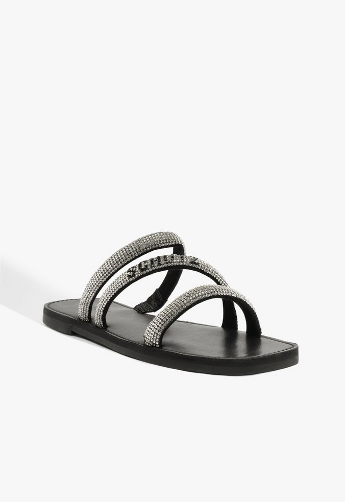 Sandália Rasteira Brilho Schutz Logo Preta e Prateada 3